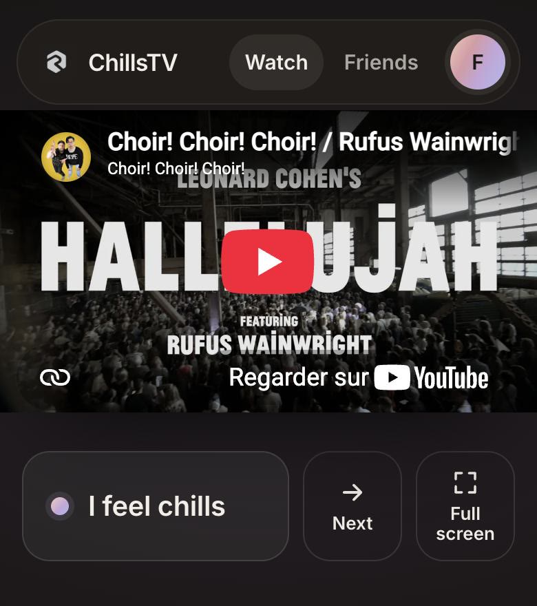 The ChillsTV watch screen with the I feel chills button