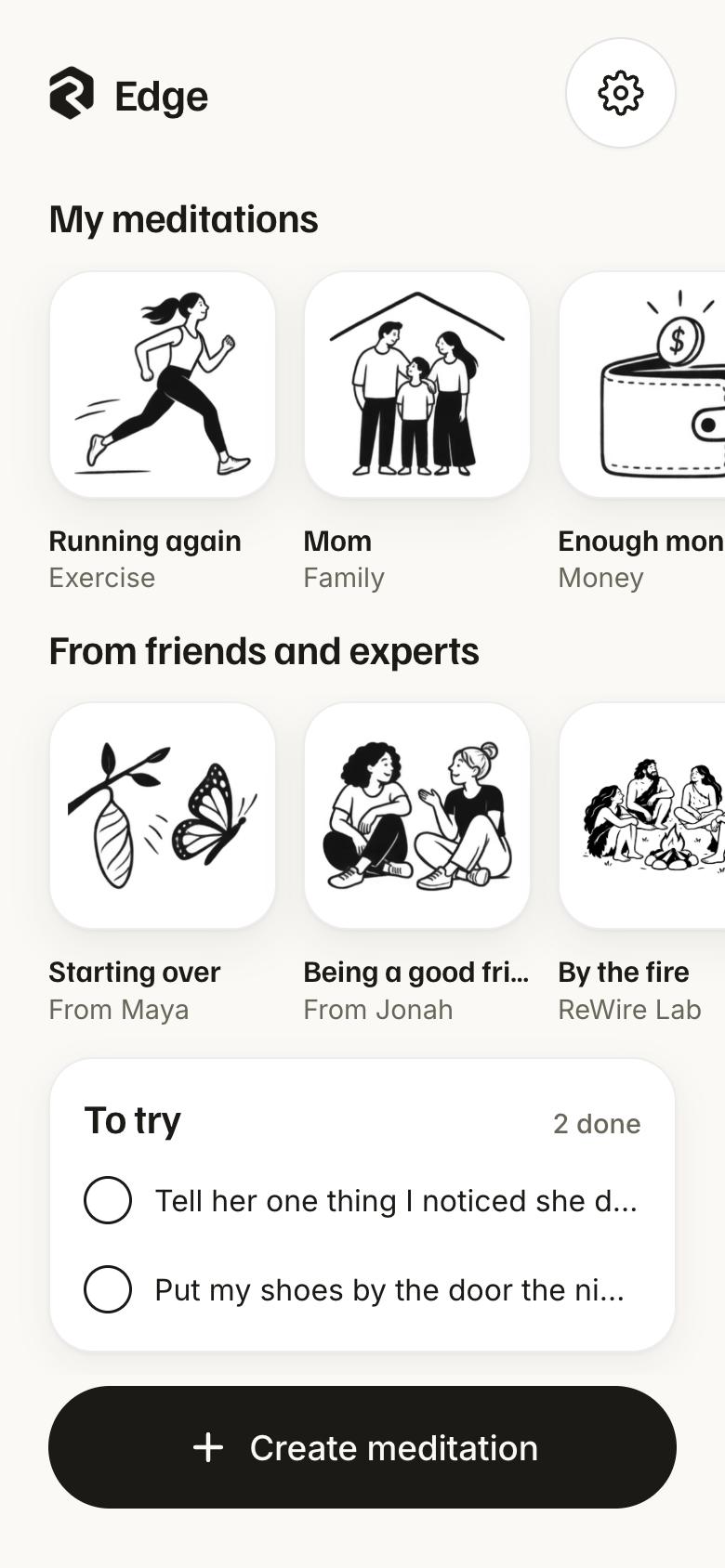 The Edge app home screen with personal meditations